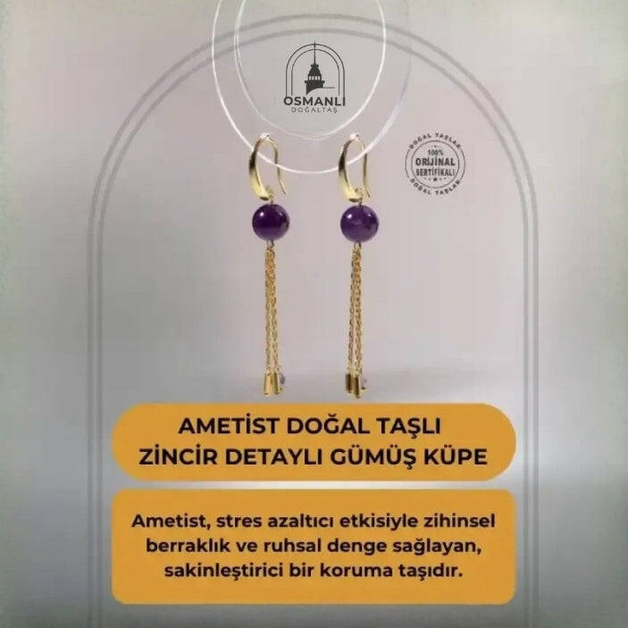 Sertifikalı Ametist Doğal Taşlı Zincir Detaylı Gümüş Küpe - 2