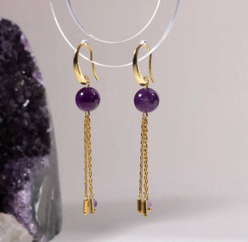 Sertifikalı Ametist Doğal Taşlı Zincir Detaylı Gümüş Küpe - 3