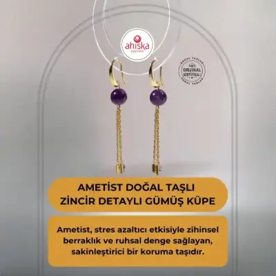 Sertifikalı Ametist Doğal Taşlı Zincir Detaylı Gümüş Küpe - Doğal Taş (1)