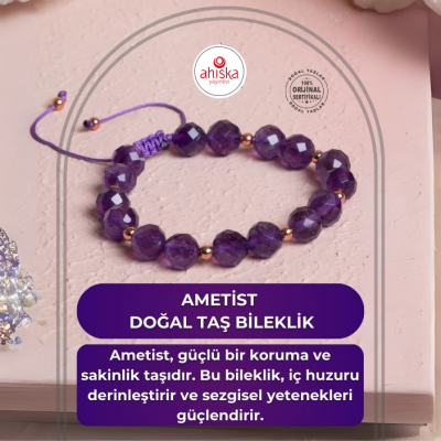 Sertifikalı Ametist Fasetli Doğal Taş Makrome Bileklik - Doğal Taş (1)