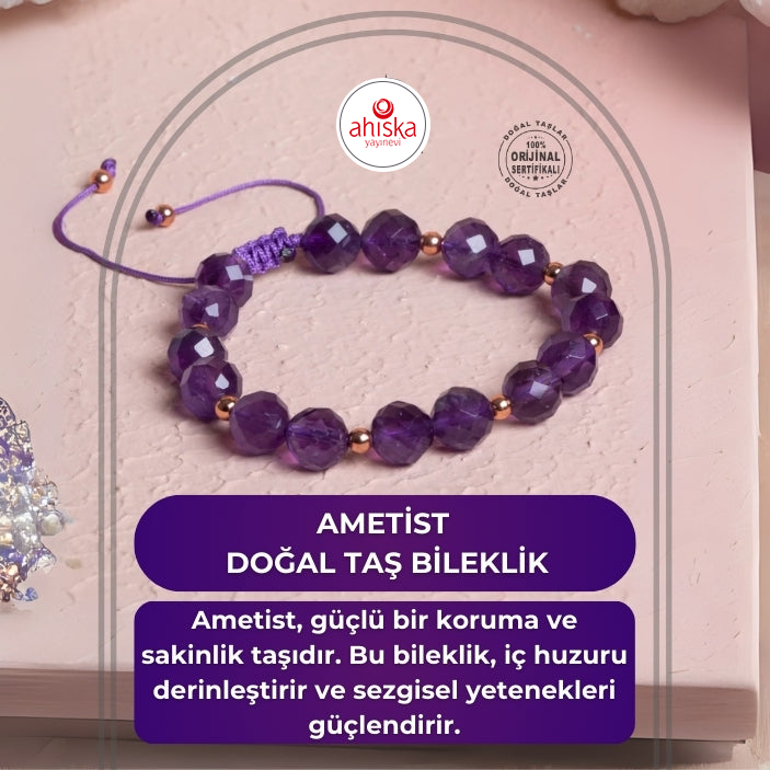 Sertifikalı Ametist Fasetli Doğal Taş Makrome Bileklik - 2