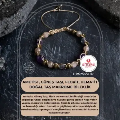 Sertifikalı Ametist, Güneş Taşı, Florit ve Hematit Doğal Taş Makrome Bileklik (SK157) - Doğal Taş (1)
