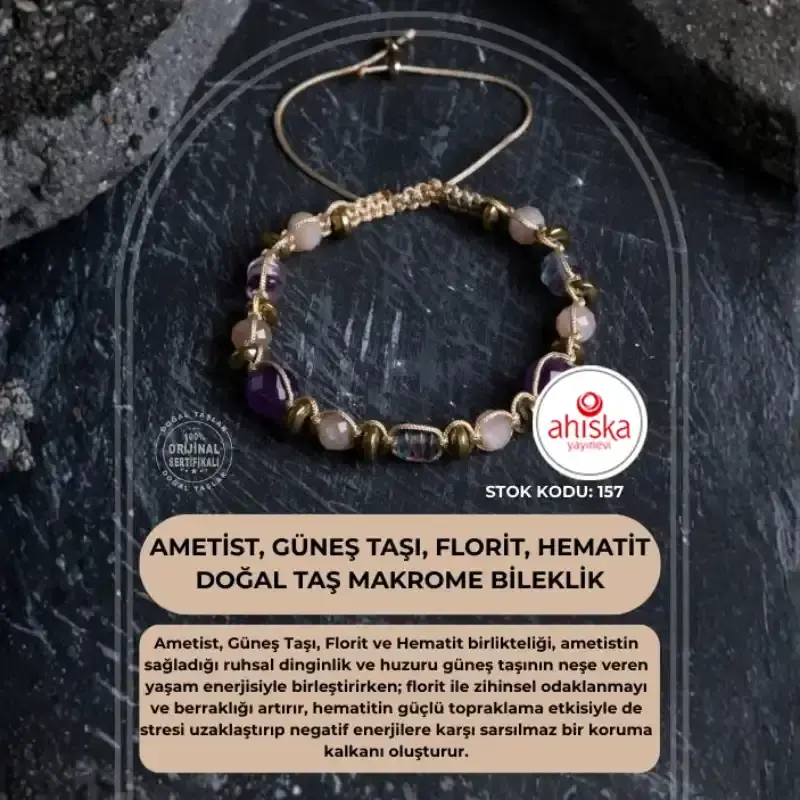 Sertifikalı Ametist, Güneş Taşı, Florit ve Hematit Doğal Taş Makrome Bileklik (SK157) - 2