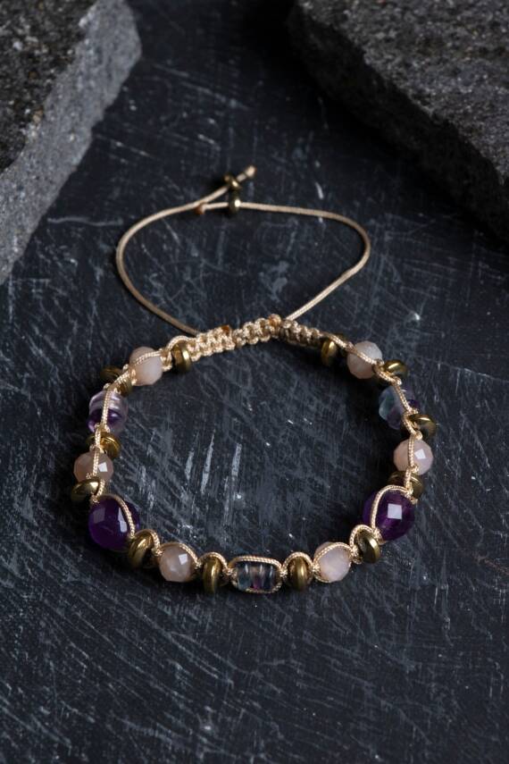 Sertifikalı Ametist, Güneş Taşı, Florit ve Hematit Doğal Taş Makrome Bileklik (SK:157) - 1