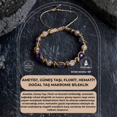 Sertifikalı Ametist, Güneş Taşı, Florit ve Hematit Doğal Taş Makrome Bileklik (SK:157) - 2