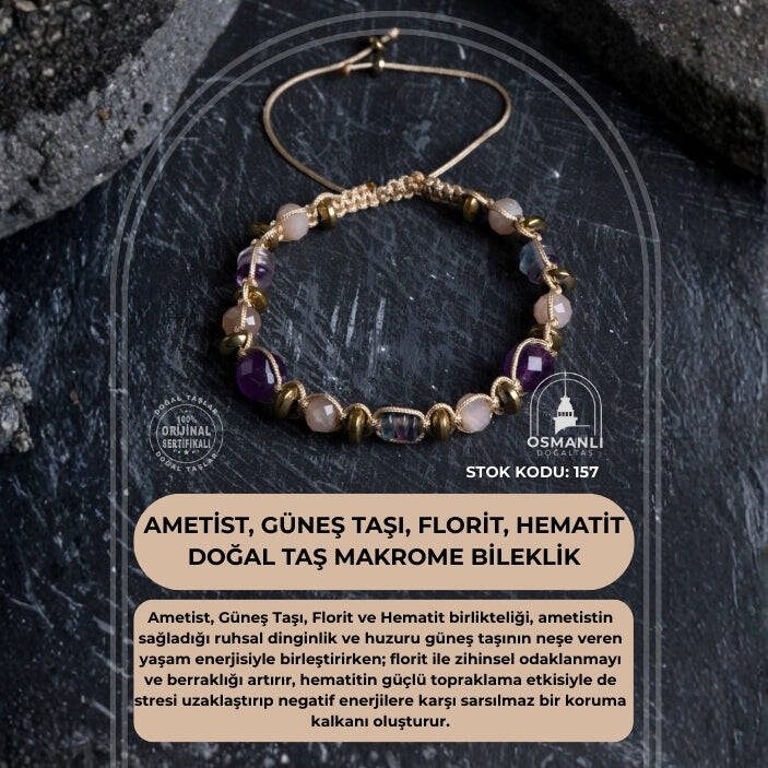 Sertifikalı Ametist, Güneş Taşı, Florit ve Hematit Doğal Taş Makrome Bileklik (SK:157) - 2