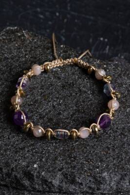 Sertifikalı Ametist, Güneş Taşı, Florit ve Hematit Doğal Taş Makrome Bileklik (SK:157) - 4