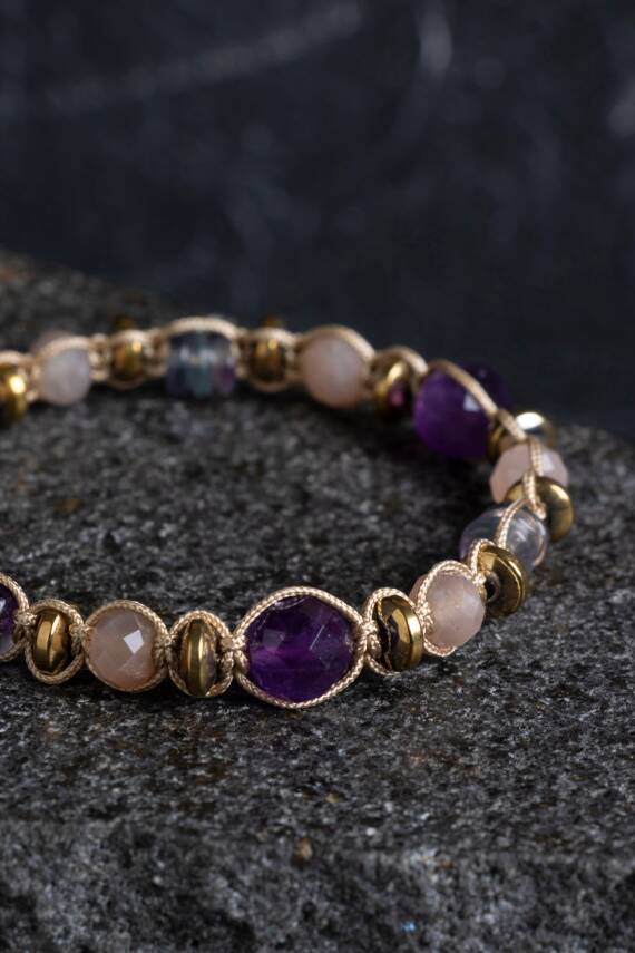 Sertifikalı Ametist, Güneş Taşı, Florit ve Hematit Doğal Taş Makrome Bileklik (SK:157) - 5