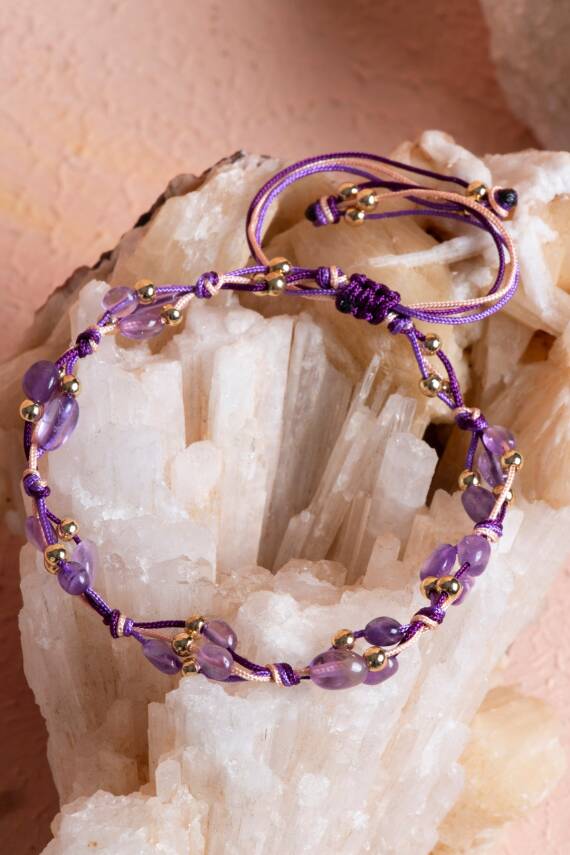 Sertifikalı Ametist, Hematit Makrome Doğal Taş Bileklik (SK:087) - 5