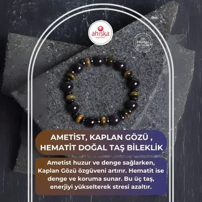 Sertifikalı Ametist, Kaplan Gözü , Hematit Doğal Taş Bileklik - 2