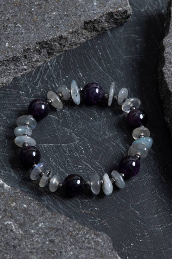 Sertifikalı Ametist, Labradorit Hematit Doğal Taş Bileklik - 1