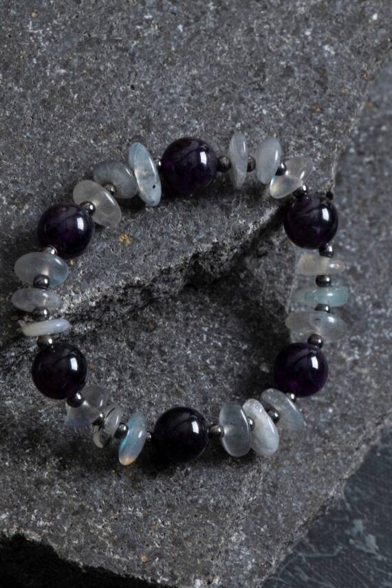 Sertifikalı Ametist, Labradorit Hematit Doğal Taş Bileklik - 3