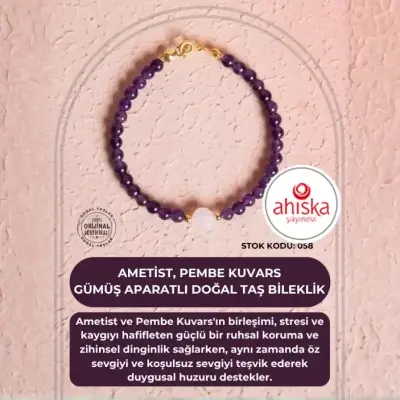 Sertifikalı Ametist, Pembe Kuvars Gümüş Aparatlı Doğal Taş Bileklik (SK058) - Doğal Taş (1)
