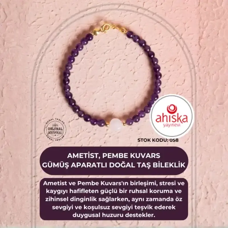 Sertifikalı Ametist, Pembe Kuvars Gümüş Aparatlı Doğal Taş Bileklik (SK058) - 2