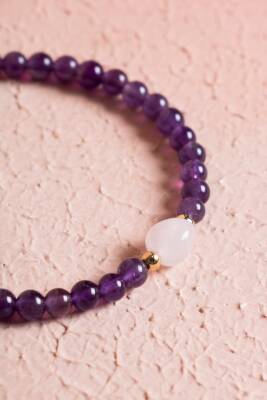 Sertifikalı Ametist, Pembe Kuvars Gümüş Aparatlı Doğal Taş Bileklik (SK:058) - 3