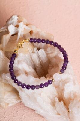 Sertifikalı Ametist, Pembe Kuvars Gümüş Aparatlı Doğal Taş Bileklik (SK:058) - 5