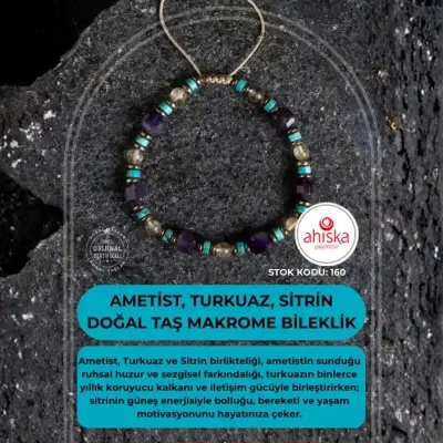 Sertifikalı Ametist, Turkuaz ve Sitrin Doğal Taş Makrome Bileklik (SK160) - Doğal Taş (1)