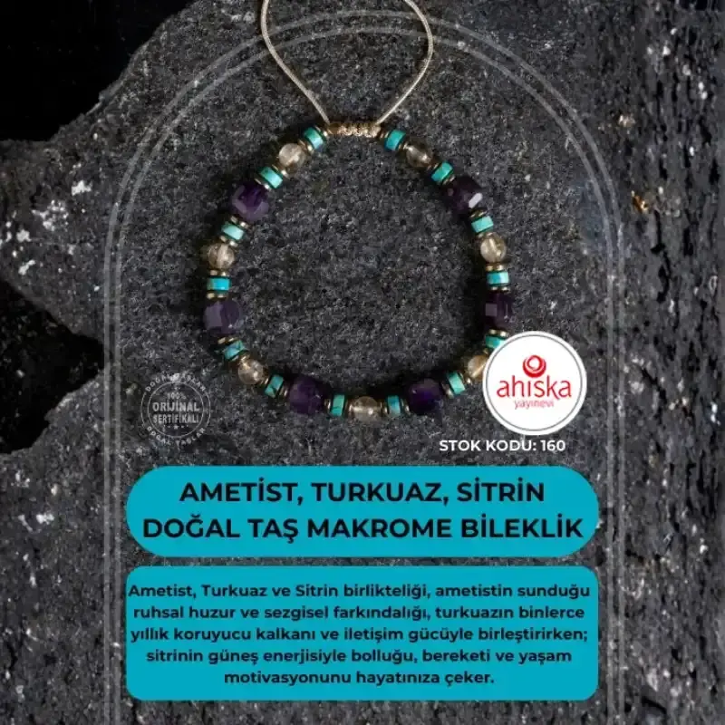 Sertifikalı Ametist, Turkuaz ve Sitrin Doğal Taş Makrome Bileklik (SK160) - 2