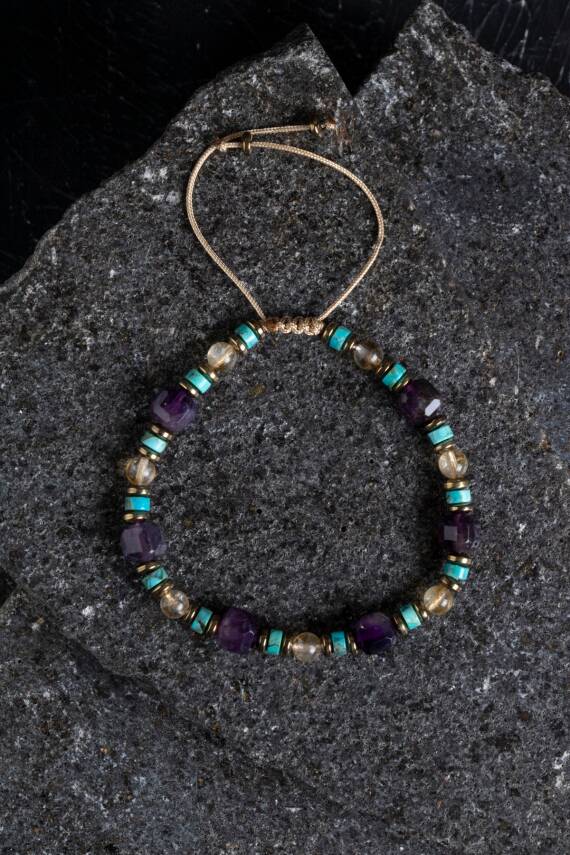 Sertifikalı Ametist, Turkuaz ve Sitrin Doğal Taş Makrome Bileklik (SK:160) - 1