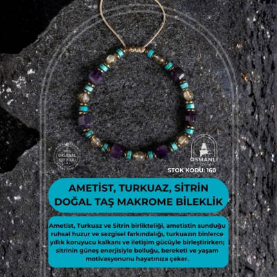 Sertifikalı Ametist, Turkuaz ve Sitrin Doğal Taş Makrome Bileklik (SK:160) - 2