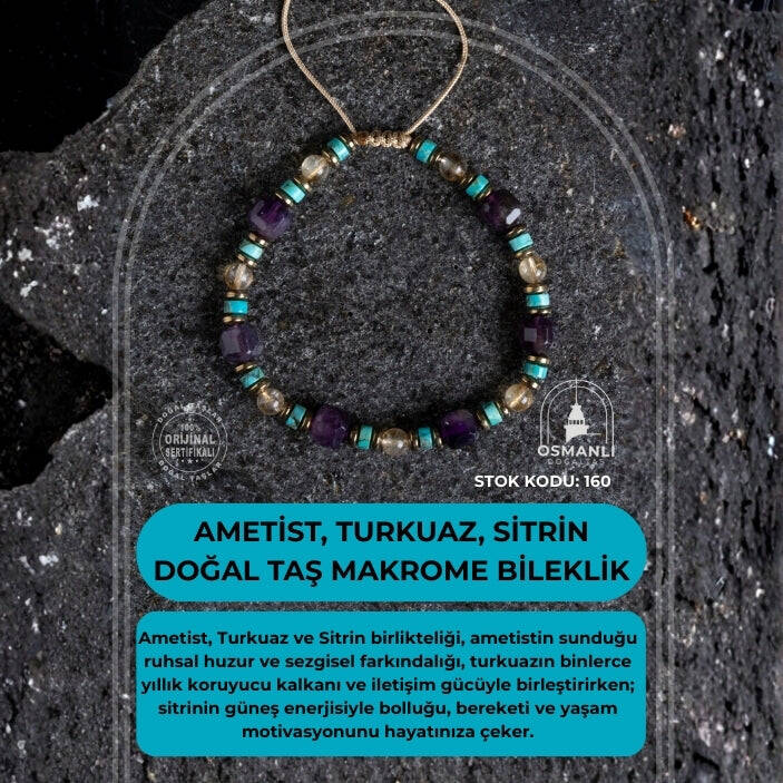 Sertifikalı Ametist, Turkuaz ve Sitrin Doğal Taş Makrome Bileklik (SK:160) - 2