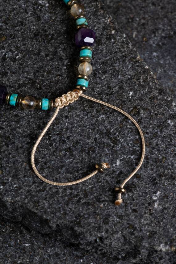 Sertifikalı Ametist, Turkuaz ve Sitrin Doğal Taş Makrome Bileklik (SK:160) - 3