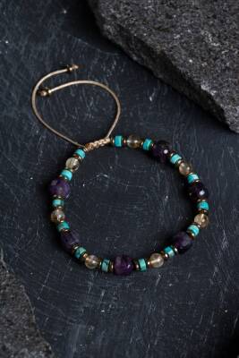 Sertifikalı Ametist, Turkuaz ve Sitrin Doğal Taş Makrome Bileklik (SK:160) - 5