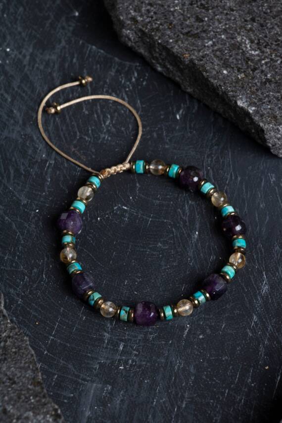 Sertifikalı Ametist, Turkuaz ve Sitrin Doğal Taş Makrome Bileklik (SK:160) - 5