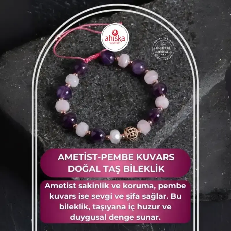 Sertifikalı Ametist ve Pembe Kuvars Doğaltaş Bileklik - 2