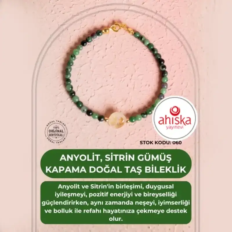 Sertifikalı Anyolit, Sitrin Gümüş Kapama Doğal Taş Bileklik (SK060) - 2