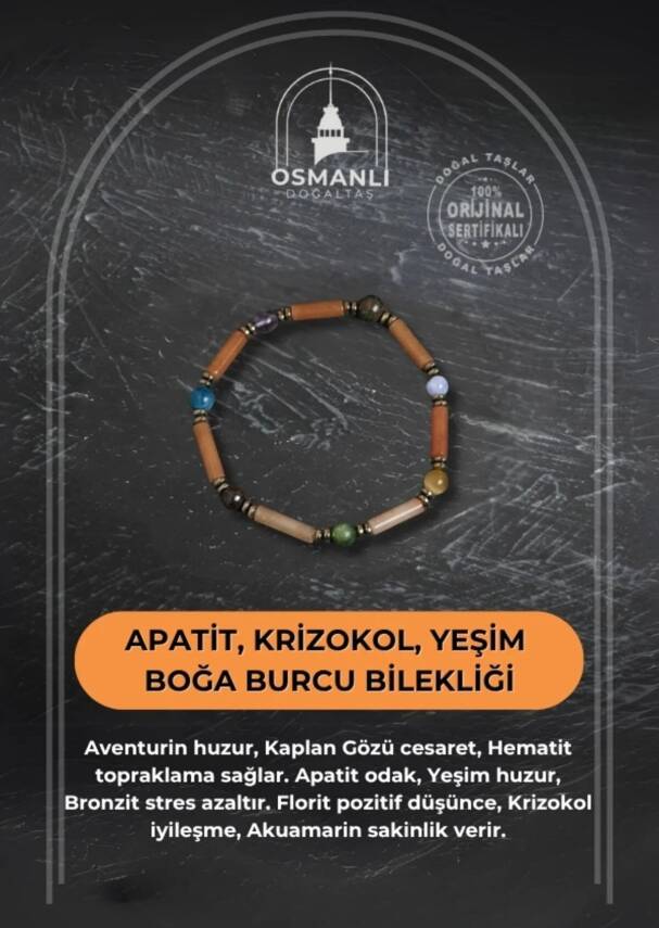 Sertifikalı Apatit, Krizokol ve Yeşim Boğa Burcu Bilekliği - 2