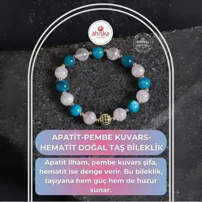 Sertifikalı Apatit, Pembe Kuvars ve Hematit Bileklik - Doğal Taş (1)
