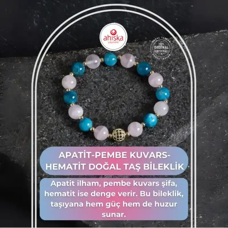 Sertifikalı Apatit, Pembe Kuvars ve Hematit Bileklik - 2