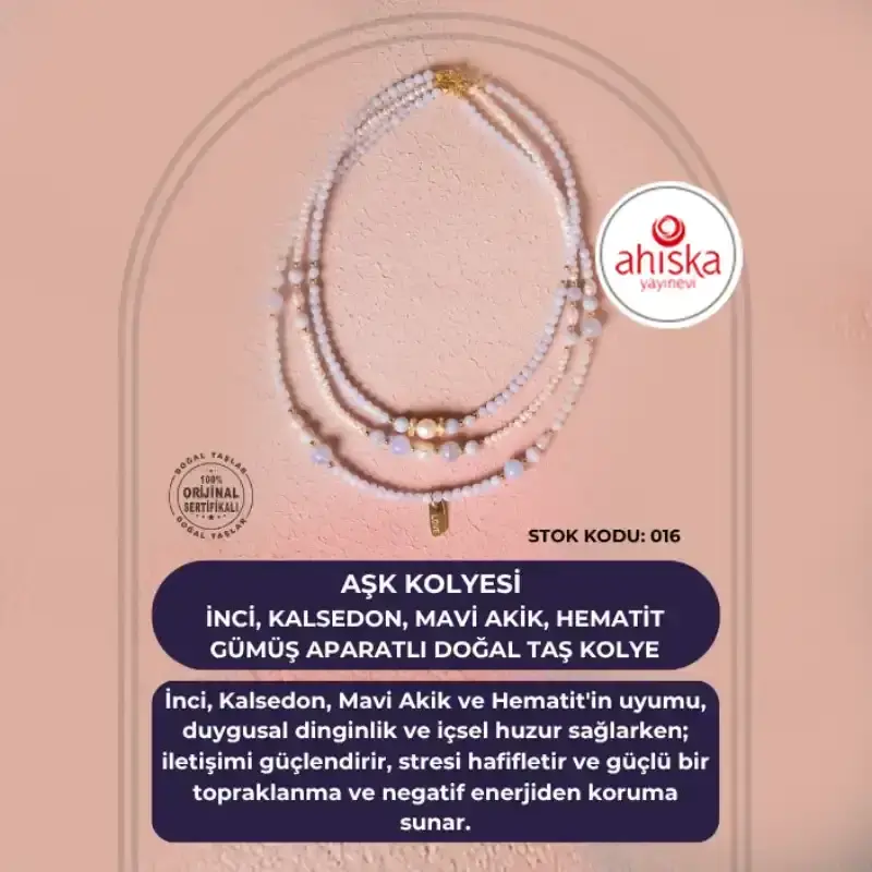 Sertifikalı Aşk Kolyesi İnci, Kalsedon, Mavi Akik, Hematit Gümüş Aparatlı Doğal Taş Kolye (SK016) - 2