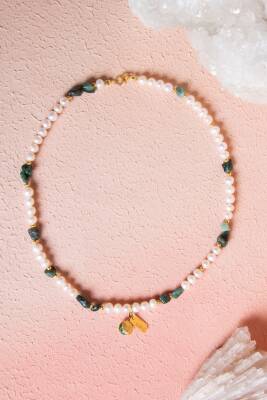 Sertifikalı Aşk Kolyesi-İnci, Zümrüt Gümüş Aparatlı Doğal Taş Kolye (SK:047) - Osmanlı Doğal Taş