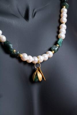 Sertifikalı Aşk Kolyesi-İnci, Zümrüt Gümüş Aparatlı Doğal Taş Kolye (SK:047) - 3