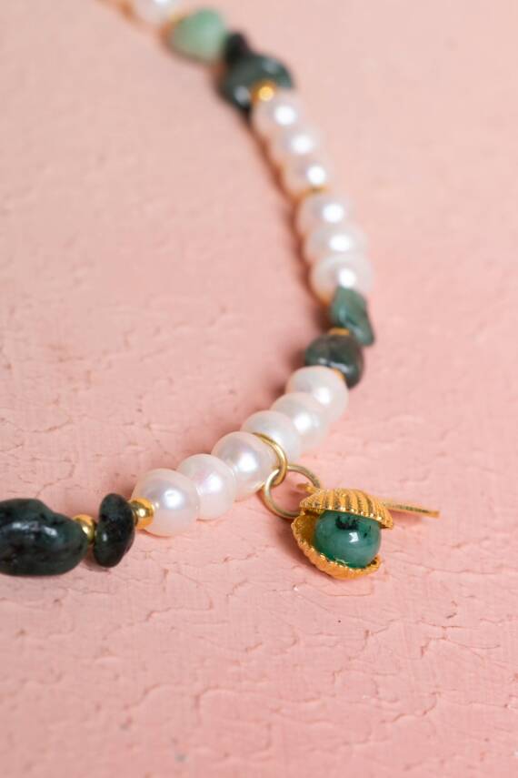 Sertifikalı Aşk Kolyesi-İnci, Zümrüt Gümüş Aparatlı Doğal Taş Kolye (SK:047) - 5