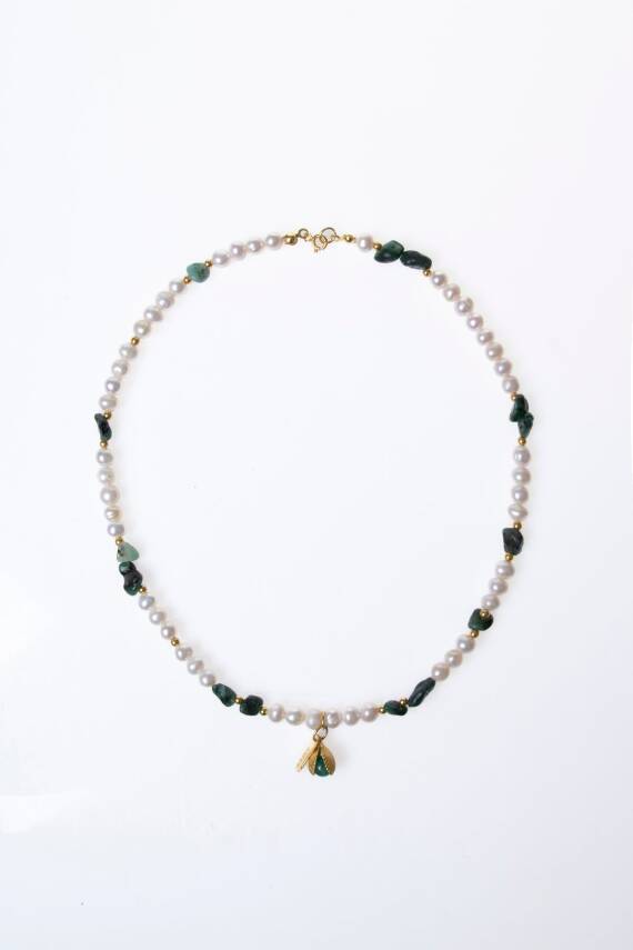 Sertifikalı Aşk Kolyesi-İnci, Zümrüt Gümüş Aparatlı Doğal Taş Kolye (SK:047) - 6