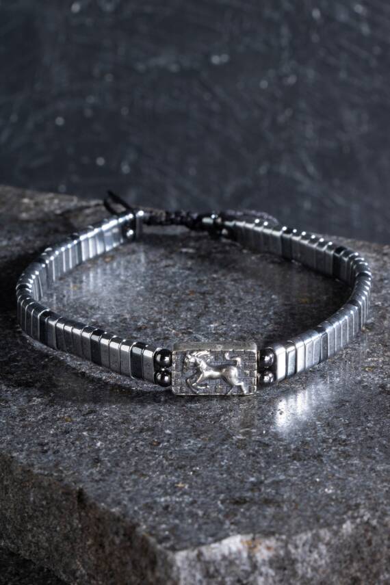 Sertifikalı At Figürlü Gümüş Aparatlı Hematit Doğal Taş Makrome Bileklik - 5
