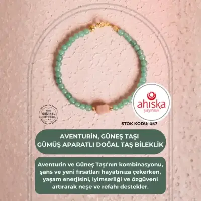 Sertifikalı Aventurin, Güneş Taşı Gümüş Aparatlı Doğal Taş Bileklik (SK057) - 1