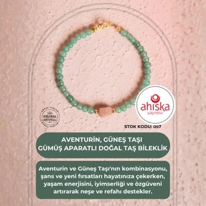 Sertifikalı Aventurin, Güneş Taşı Gümüş Aparatlı Doğal Taş Bileklik (SK057) - 1