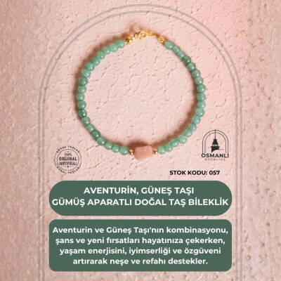 Sertifikalı Aventurin, Güneş Taşı Gümüş Aparatlı Doğal Taş Bileklik (SK:057) - 2