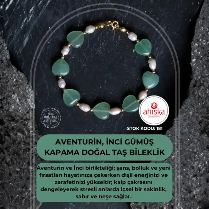 Sertifikalı Aventurin, İnci Gümüş Kapama Doğal Taş Bileklik (SK181) - 2