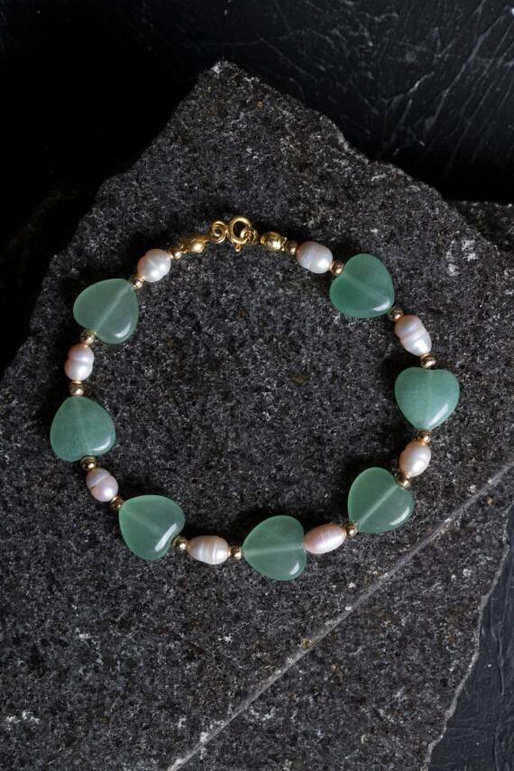 Sertifikalı Aventurin, İnci Gümüş Kapama Doğal Taş Bileklik (SK:181) - 1