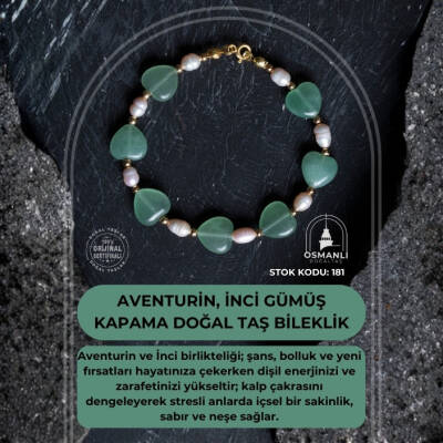 Sertifikalı Aventurin, İnci Gümüş Kapama Doğal Taş Bileklik (SK:181) - 2