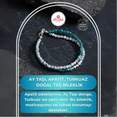 Sertifikalı Ay Taşı, Apatit, Turkuaz Gümüş Kapama Doğal Taş Bileklik - Doğal Taş (1)