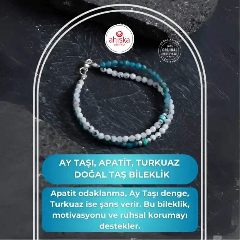 Sertifikalı Ay Taşı, Apatit, Turkuaz Gümüş Kapama Doğal Taş Bileklik - 2