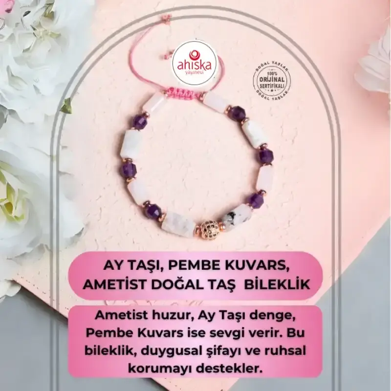 Sertifikalı Ay Taşı, Pembe Kuvars, Ametist Doğal Taş Makrome Bileklik - 2