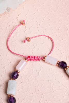 Sertifikalı Ay Taşı, Pembe Kuvars, Ametist Doğal Taş Makrome Bileklik - 2