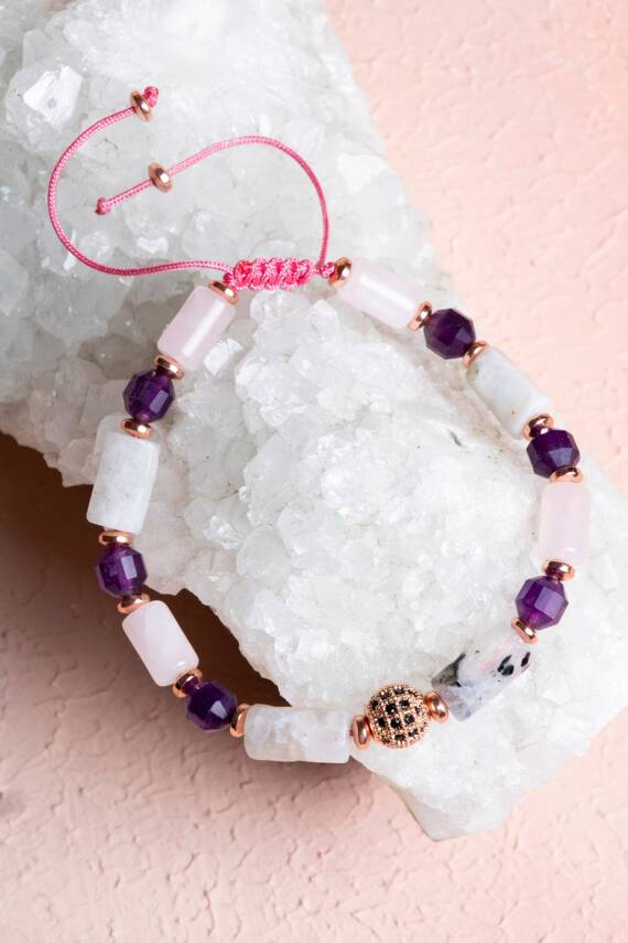 Sertifikalı Ay Taşı, Pembe Kuvars, Ametist Doğal Taş Makrome Bileklik - 3